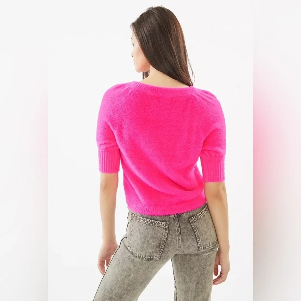 For Love & Lemons Chateau Short Sleeve Cardigan Size Small Hot Pink Fuzzy - Picture 10 of 10